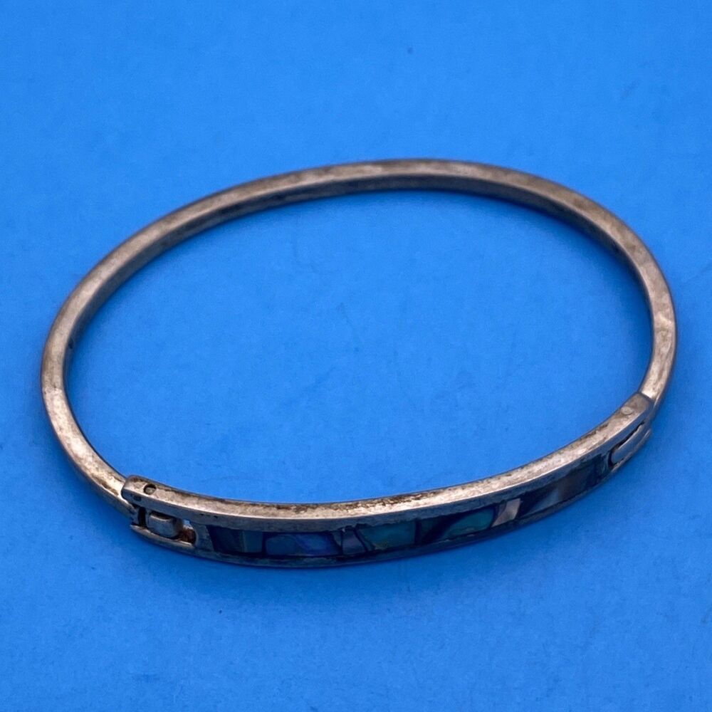 Vintage Alpaca Mexico Silver Abalone Shell Inlay Hinge Bangle Bracelet